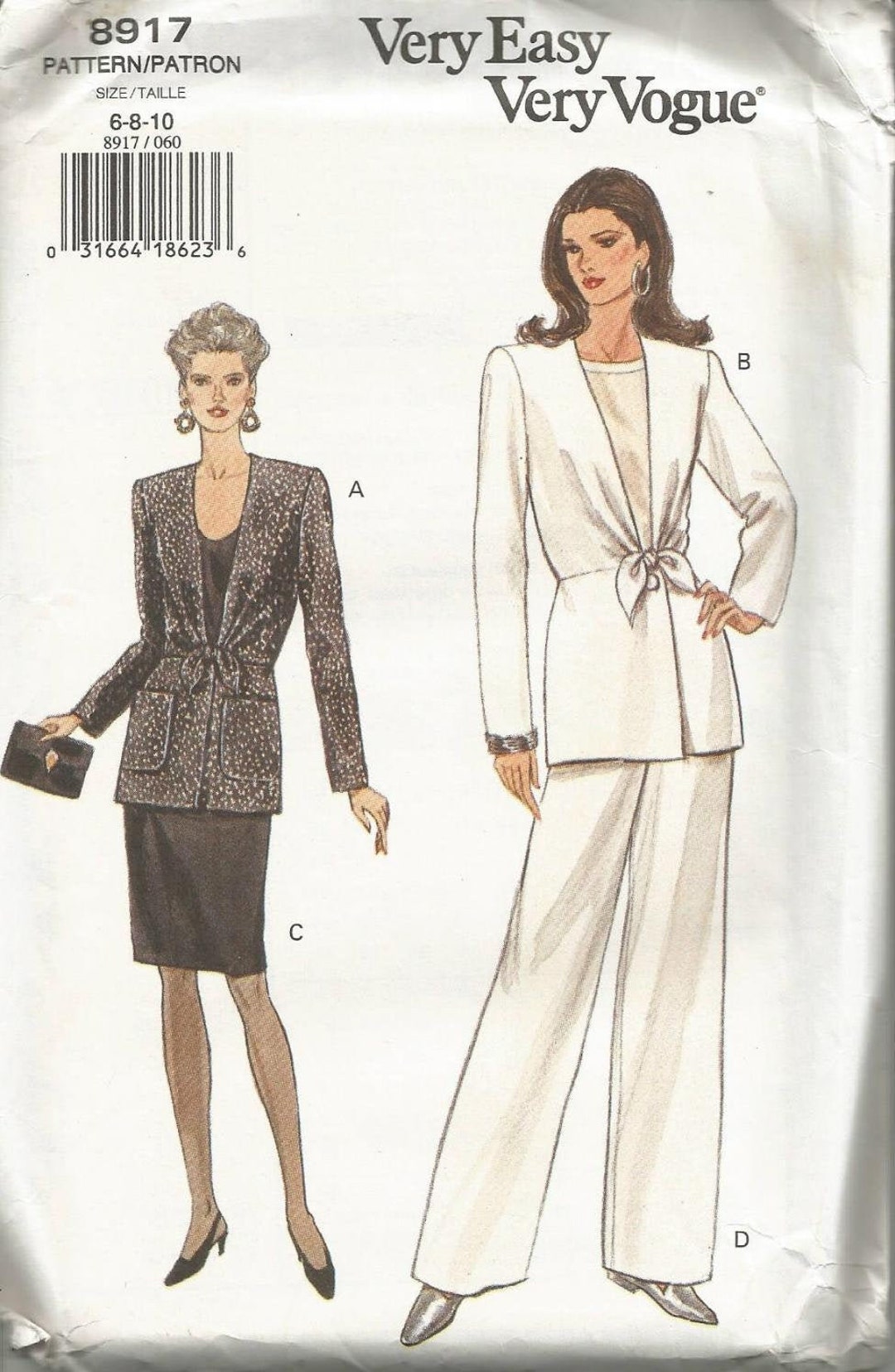 Vogue 8917 1990s Jacket Slim Skirt Straight Leg Pants Easy