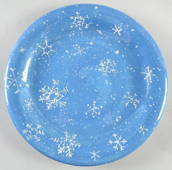 Set of Four Winter Snowfall Dinner Plates Pale Blue with Painted Snowflakes Holiday Table Winter Cabin Decor Table Decor