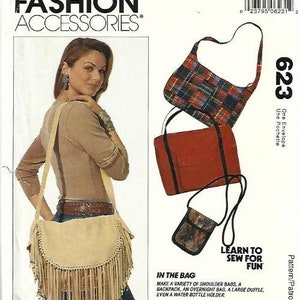 May include: A sewing pattern for a variety of bags, including a shoulder bag, backpack, overnight bag, and a large duffel bag. The pattern is called "Learn to Sew for Fun" and includes instructions for making a water bottle holder. The pattern is from McCall's Fashion Accessories and is number 623.