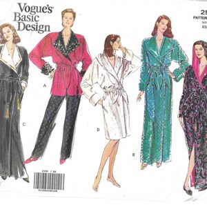 May include: Vogue's Basic Design pattern 2580, featuring illustrations of various robes and loungewear. The designs include a black robe with gold trim, a pink wrap top with black pants, a white robe, a green quilted robe, and a floral robe with a pink lining.