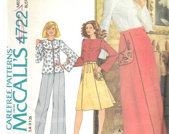 McCall's 4722 1970s Misses' Blouse with Bell Sleeves and Wrap Skirt with Embroidery UNCUT FF Bust 34 Women's Vintage Sewing Pattern