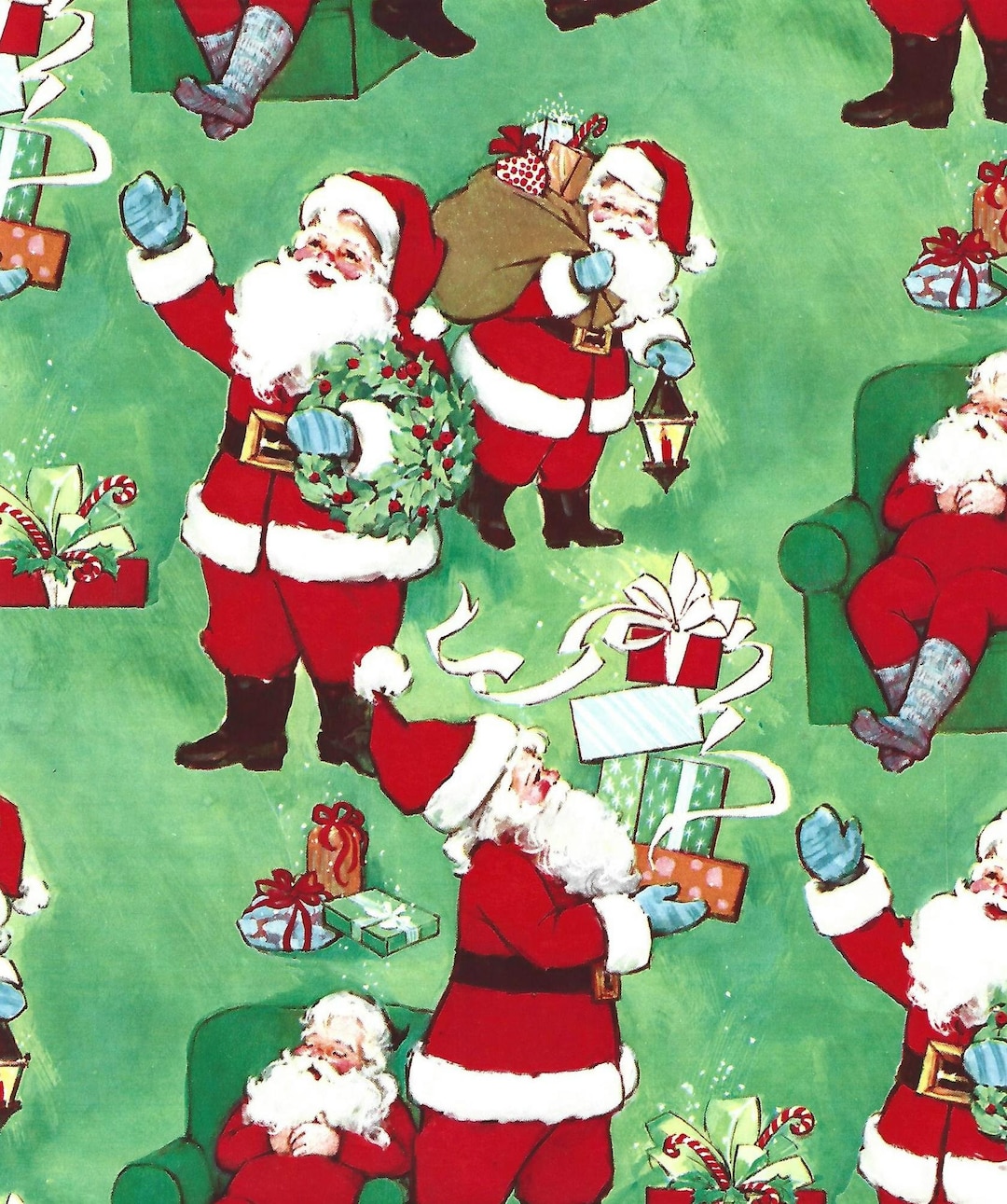 Vintage 1970s Christmas Wrapping Paper Santa With Presents Wreath