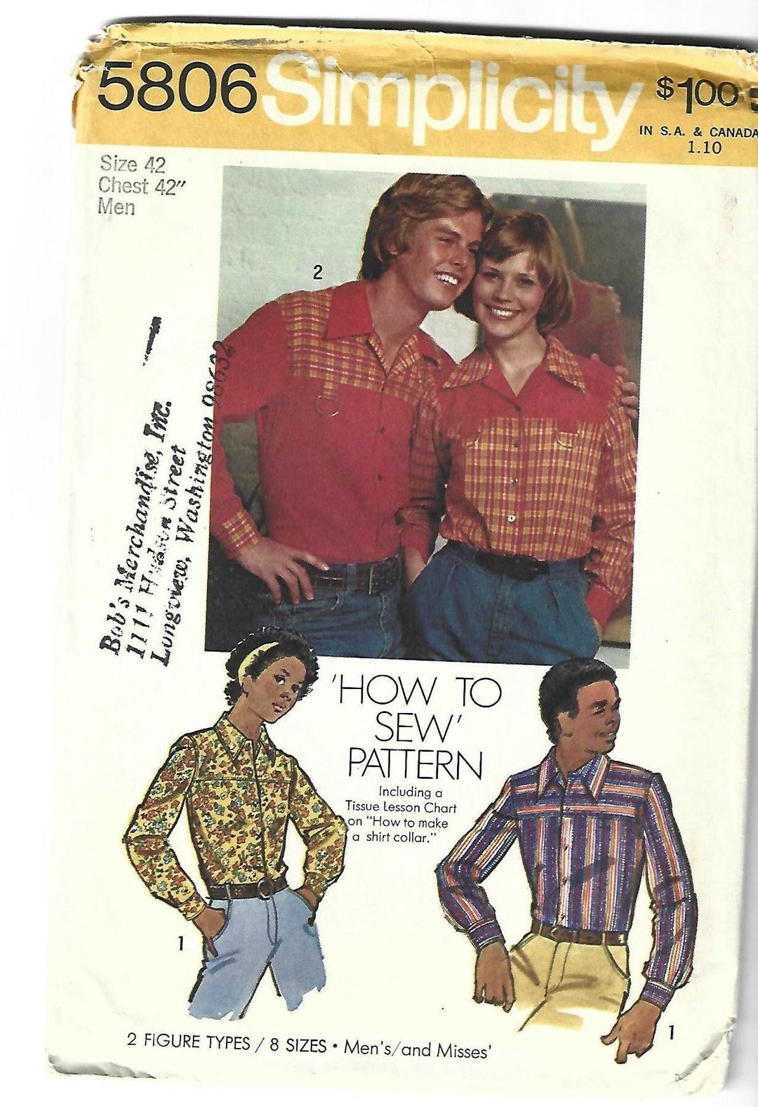1970s Men's Shirt Western Shirt Front & Back Yokes Simplicity 5806 ...