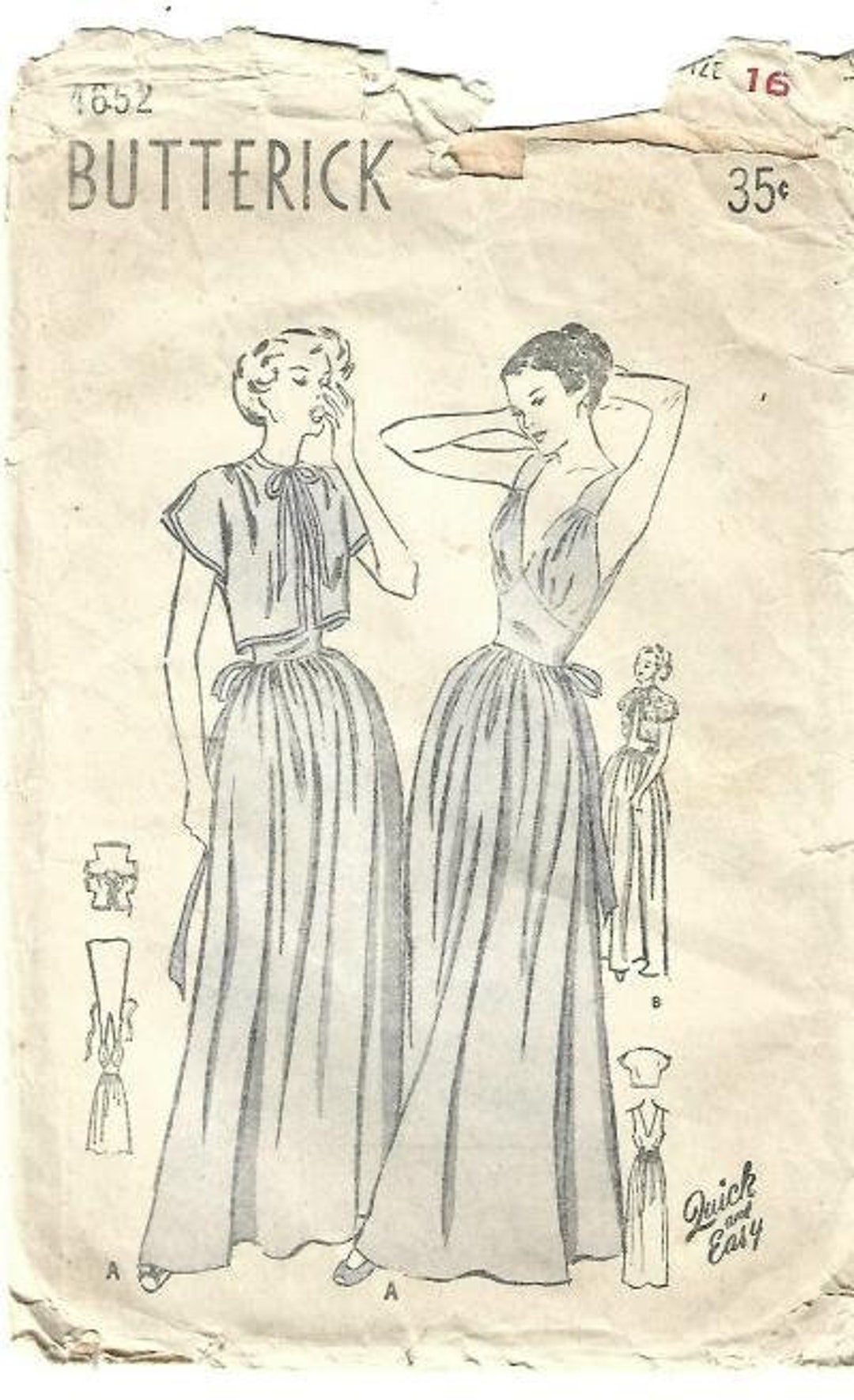 Butterick 4652 1940s Misses Lingerie Sleeveless V Neck Nightgown and ...