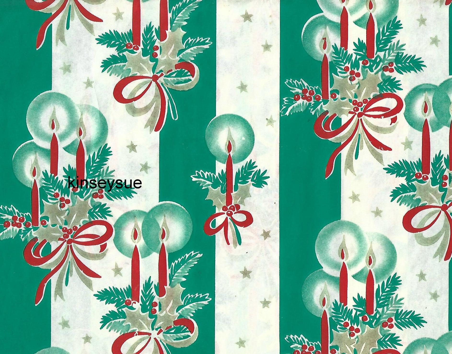 Vintage Christmas Wrapping Paper/Tissue Paper ca. 1940s Merry Christmas  Happy New Year Red Candles Vintage Christmas Gift Wrap