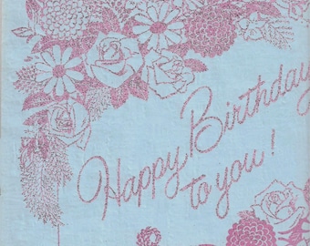 Vintage Happy Birthday Gift Wrap by Kaycrest Pink Glitter on Blue ONE Flat Sheet