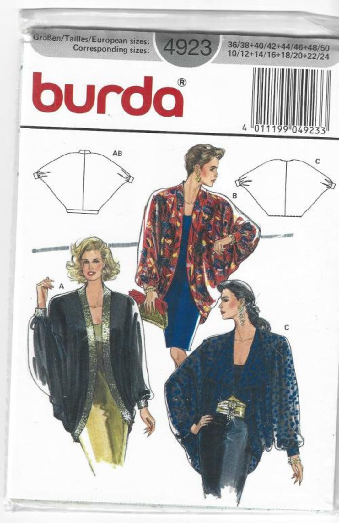 1980s Batwing Jacket Evening Jacket Burda 4923 UNCUT Still Sealed Sizes ...