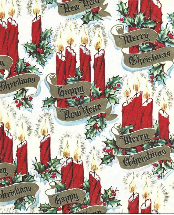 Vintage Christmas Wrapping Paper/Tissue Paper ca. 1940s Merry Christmas  Happy New Year Red Candles Vintage Christmas Gift Wrap