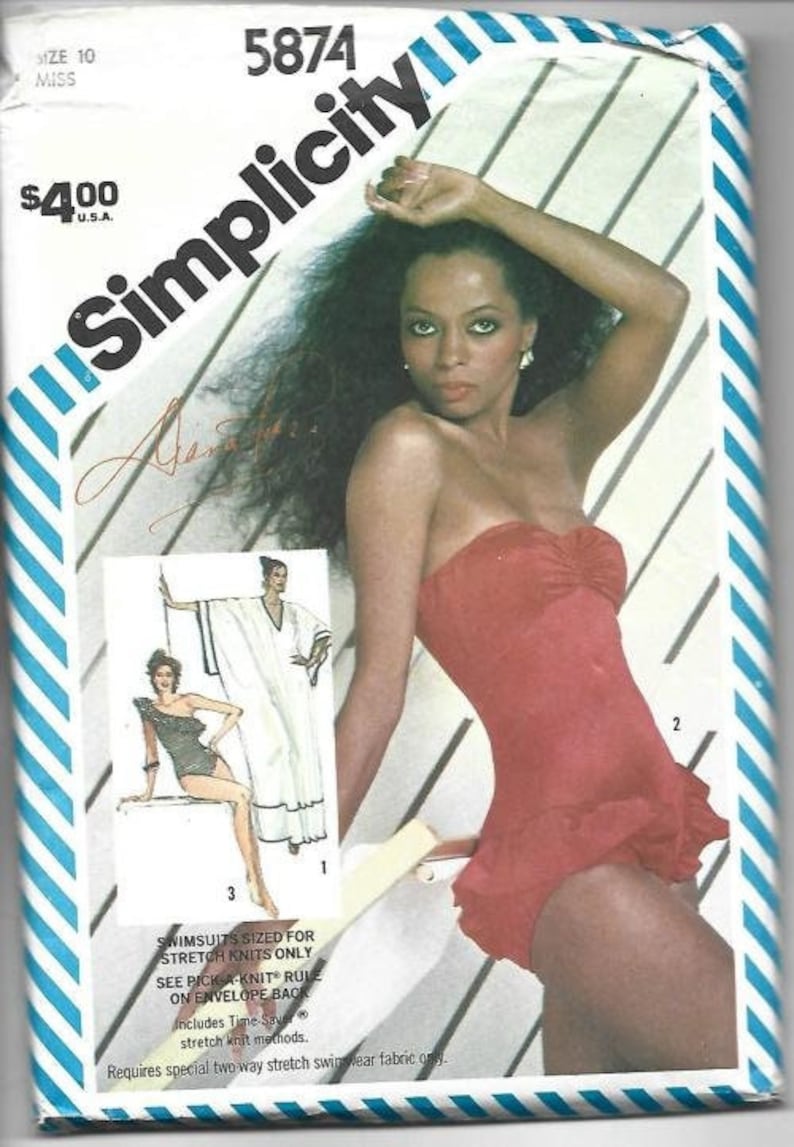 May include: Simplicity sewing pattern number 5874 for a swimsuit. The pattern includes instructions for making a one-piece swimsuit with a ruffled skirt. The pattern is sized for stretch knits only. The pattern cover features a model wearing a red swimsuit.
