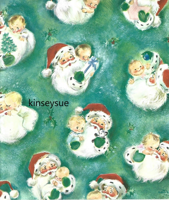 Vintage 1950s Christmas Wrapping Paper Gift Wrap Santa With Children [A}