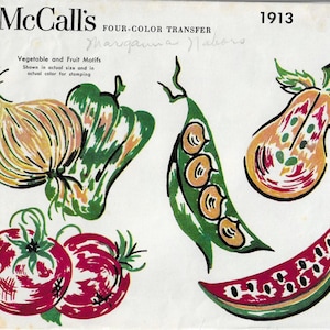 May include: Vintage McCall's four-color transfer sheet featuring vegetable and fruit motifs. The sheet includes illustrations of an onion, bell pepper, pea pods, pear, tomatoes, and a watermelon slice. The text reads "Vegetable and Fruit Motifs" and "Shown in actual size and in actual color for stamping."