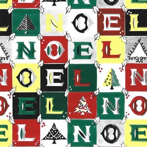 May include: A repeating pattern of the word "NOEL" in white letters, set against colorful squares of red, green, yellow, and black. The design includes Christmas tree illustrations and holly sprigs, creating a festive holiday theme.