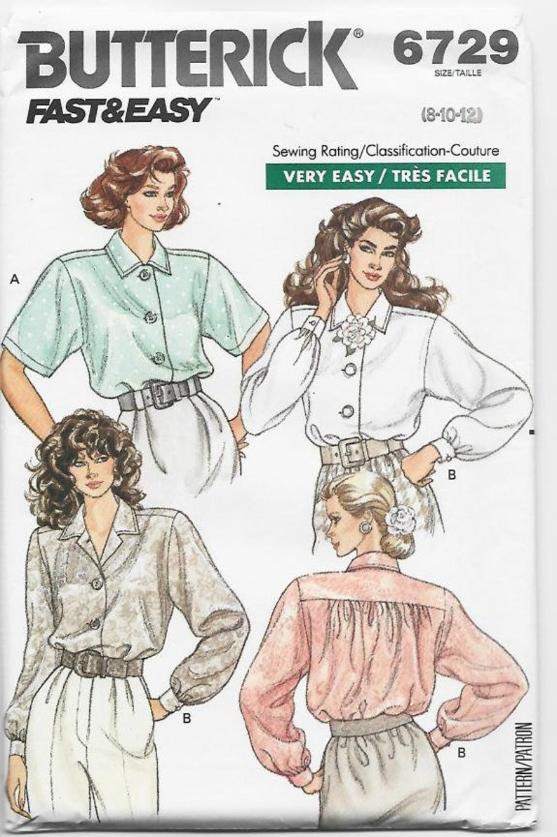 1980s Blouses Short or Long Sleeves Very Easy to Sew Butterick 6729 Uncut FF Bust 31.5-322.5-34 Women/'s Vintage Sewing Pattern