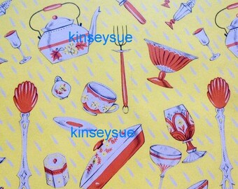 May include: Yellow wrapping paper with a repeating pattern of red and white kitchenware, including a teapot, a fork, a spoon, a bowl, a cup, a glass, and a casserole dish.