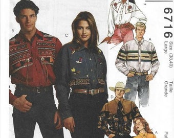 1990s Misses' and Men's Western Shirt Nashville Style McCall's 6716 Uncut FF Size L Chest/Bust 38-40 Women's  Men's Vintage Sewing Pattern