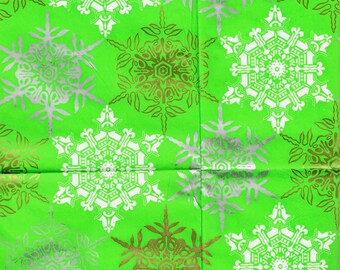 Snowflakes White Gold Silver on Green ONE Flat Sheet Christmas Wrapping Paper Christmas Tissue Paper