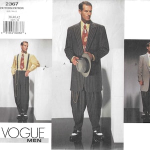 May include: A Vogue Men sewing pattern envelope 2367 featuring illustrations of tailored clothing. The pattern includes a pinstriped suit jacket and trousers, a yellow button-down shirt with a patterned tie, suspenders, and a light-colored blazer.
