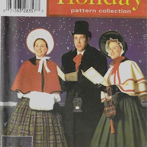 May include: Simplicity Holiday pattern collection 4851 for sizes XS, S, M, L, XL. The envelope features illustrations of three people in Victorian-style winter clothing, including capes, a top hat, a bonnet, a long skirt, and a plaid vest.