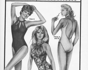 1990s Halter Neck Swimsuits One Piece Swimsuit Low or High Cut Leg Stretch & Sew 1383 Uncut FF Bust 30-46 Women's Vintage Sewing Pattern