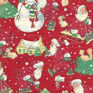 Vintage Christmas Wrapping Paper by Cleo ca. 70s-80s Santa Claus Santa on Sled & Shoveling Snow One Flat Sheet Vintage Christmas Gift Wrap