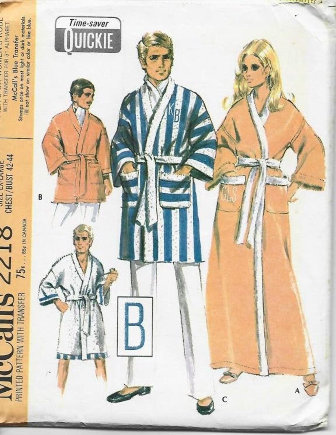 Mccalls 2218 1960s Women's or Men's Robe Pattern 3 Lengths + Transfer ...