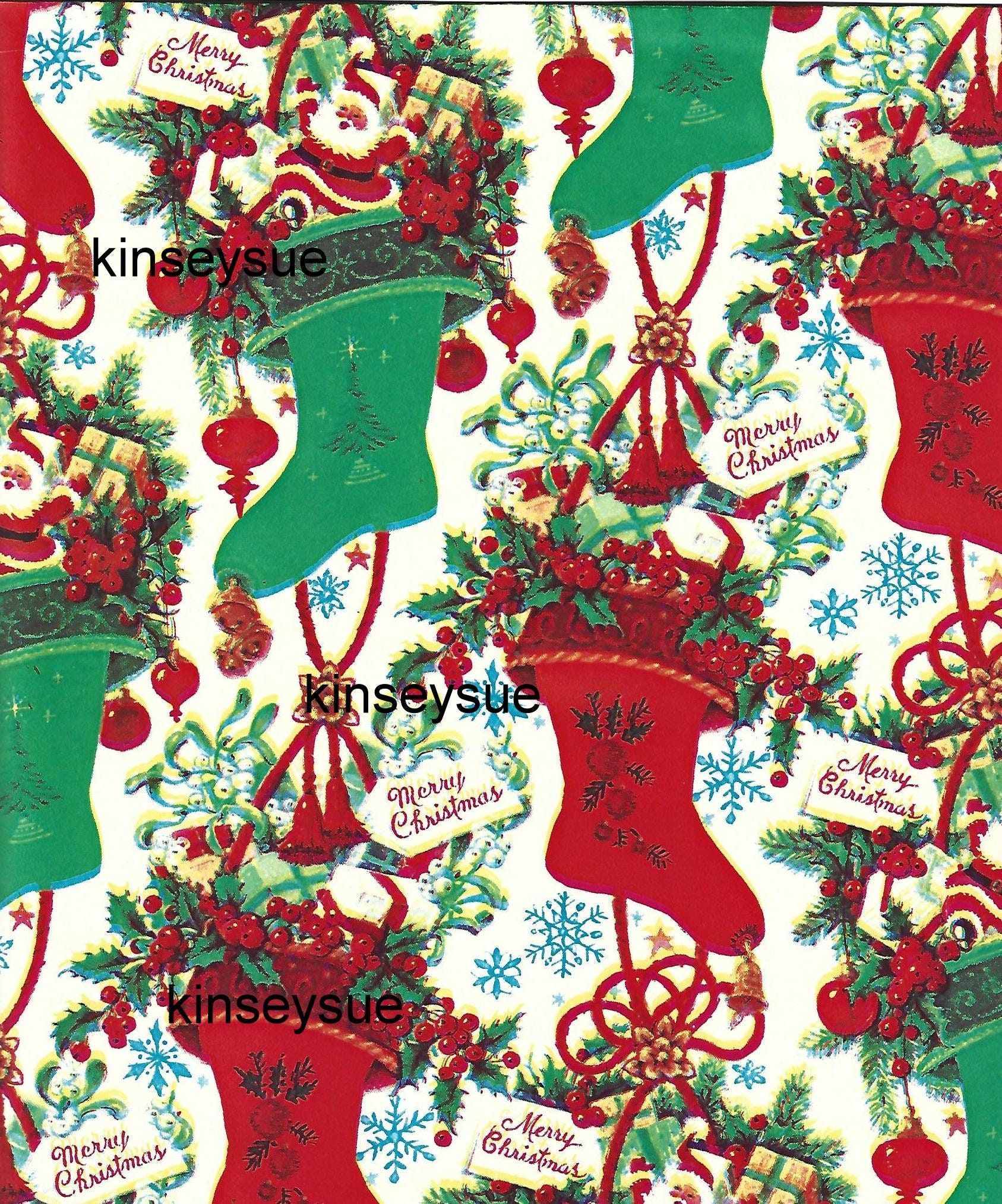 VTG MERRY CHRISTMAS WRAPPING PAPER GIFT WRAP HOLLY RED GREEN 1960