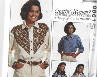 1990s Country Western Cowboy Long Sleeve Shirt Nashville Style Yellowstone McCalls 6961 UNCUT FF Bust 36-38-40 Womens Vintage Sewing Pattern