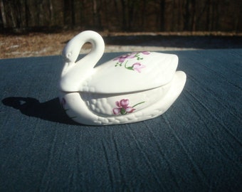 Swan Trinket Box with Violets Unmarked Vintage