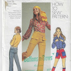 May include: Simplicity sewing pattern number 9523 for a 'How to Sew' pattern. The pattern includes two figure types and ten sizes for junior petites and misses. The pattern is for a button-up shirt and pants or shorts. The pattern is illustrated with two models wearing the clothing. The model on the left is wearing a floral print shirt with yellow pants and the model on the right is wearing a polka dot shirt with red shorts.