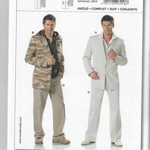 May include: A sewing pattern for a suit with three different jacket styles. The pattern includes instructions for a camouflage jacket, a white jacket, and a gray jacket. The pattern is for sizes 34 to 50.
