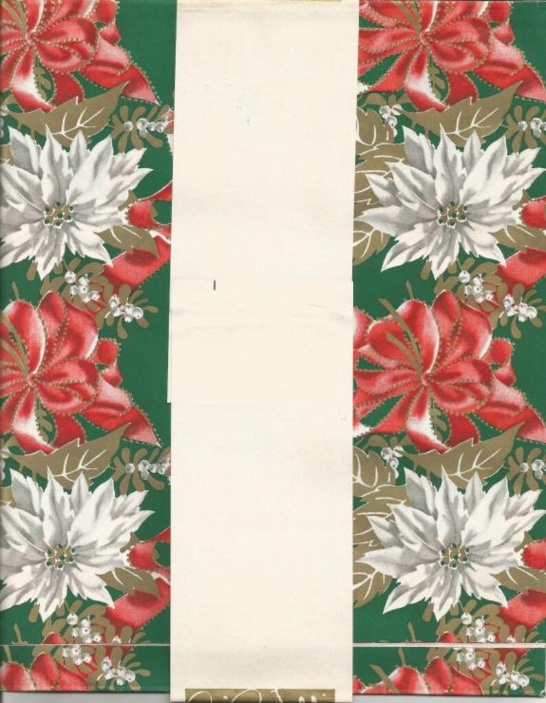 May include: A green and cream-colored gift wrap featuring a repeating pattern of red poinsettias and white flowers. The flowers are accented with gold leaves and small white berries. A cream-colored vertical stripe runs down the center.
