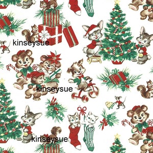 Vintage Christmas Wrapping Paper ca. 1960s Animals at Christmas One Flat Sheet Vintage Christmas Gift Wrap