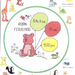 Baby Birth Sampler Counted Cross Stitch Still Sealed Bear and Balloons