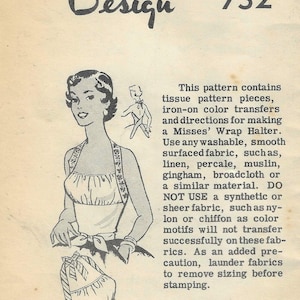 Mail Order Design 732 1950s Halter Top Shelf Bust Mail with Original Color Transfer Size Small Women&#39;s Vintage Sewing Pattern