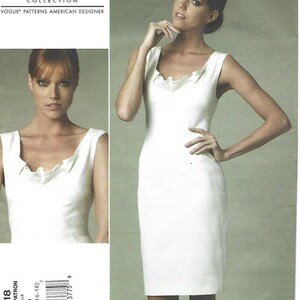 May include: A white sleeveless dress with a ruffled neckline. The dress is fitted and falls to the knee. The pattern is for sizes 12-14-16-18. The pattern is from Donna Karan Collection, Vogue Patterns American Designer.