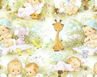 Vintage 1980s Baby Gift Wrap Boy or Girl Twins with Stuffed Animals Baby Shower Wrapping Paper