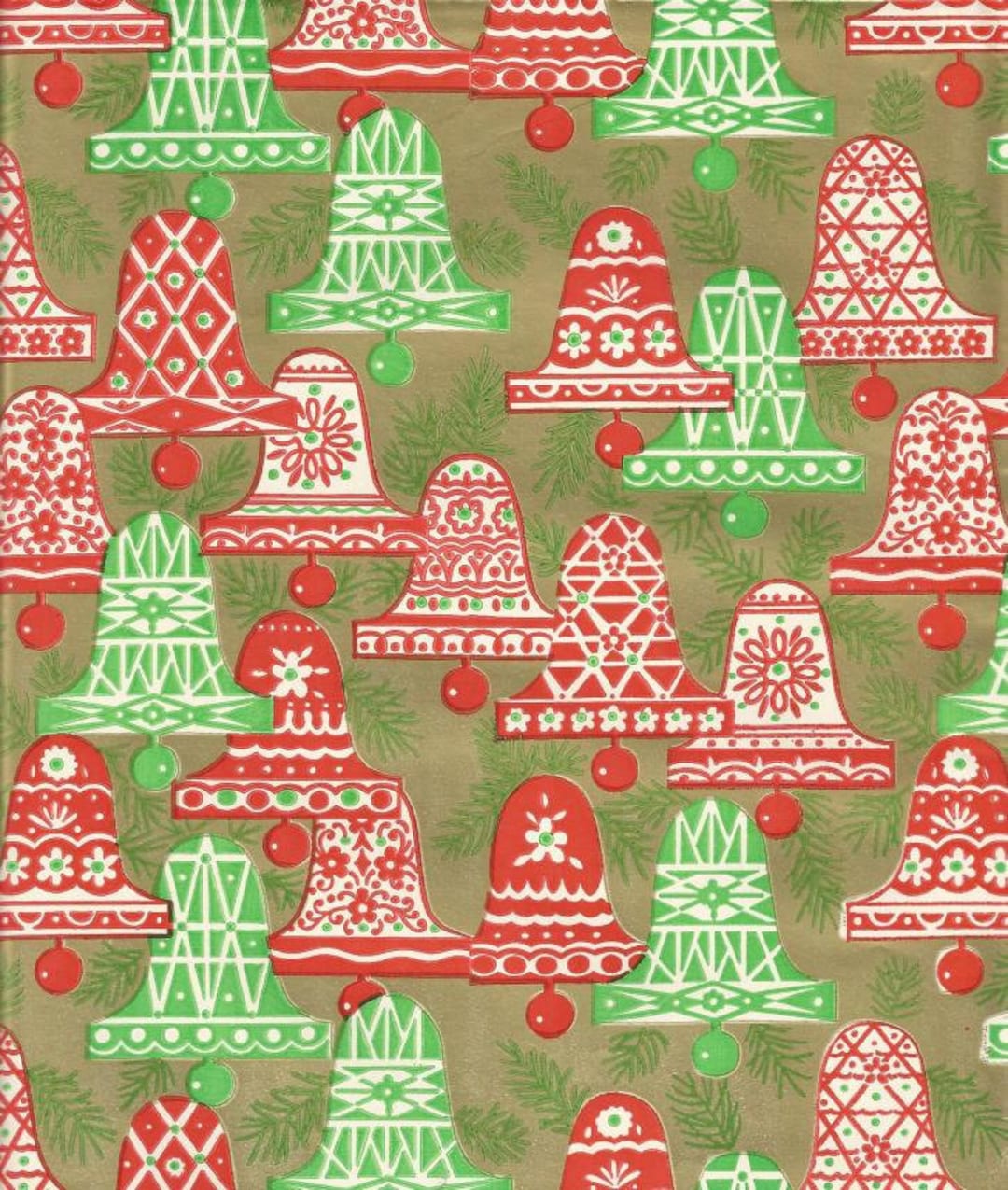 Vintage Christmas Wrapping Paper Red and Green Christmas Bells Gold Trim Red  Ribbons Mistletoe One Flat Sheet 1950s-early 1960s Gift Wrap 