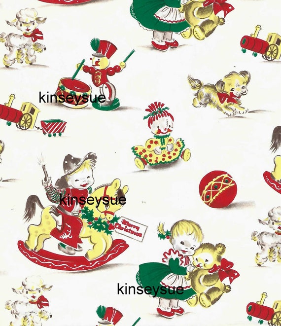 Vintage Christmas Wrapping Paper/Tissue Paper ca. 1950s-1960s Boy in Cowboy  Outfit, Girl with Bear, Puppy Dog Vintage Christmas Gift Wrap