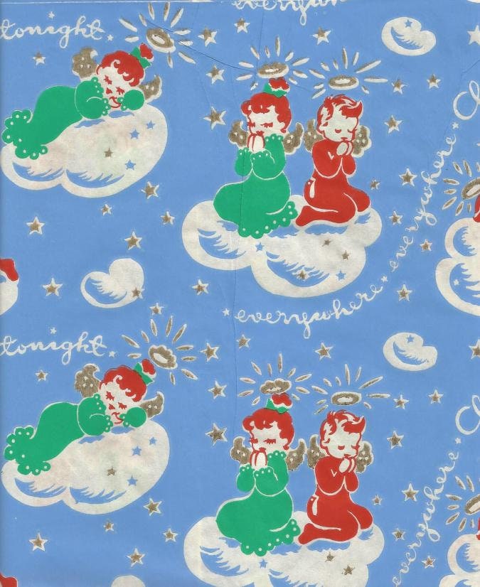 1940s Vintage Christmas Wrapping Paper/Tissue Paper Skating Santa Claus  Lithographed? One Flat Sheet Vintage Christmas Gift Wrap