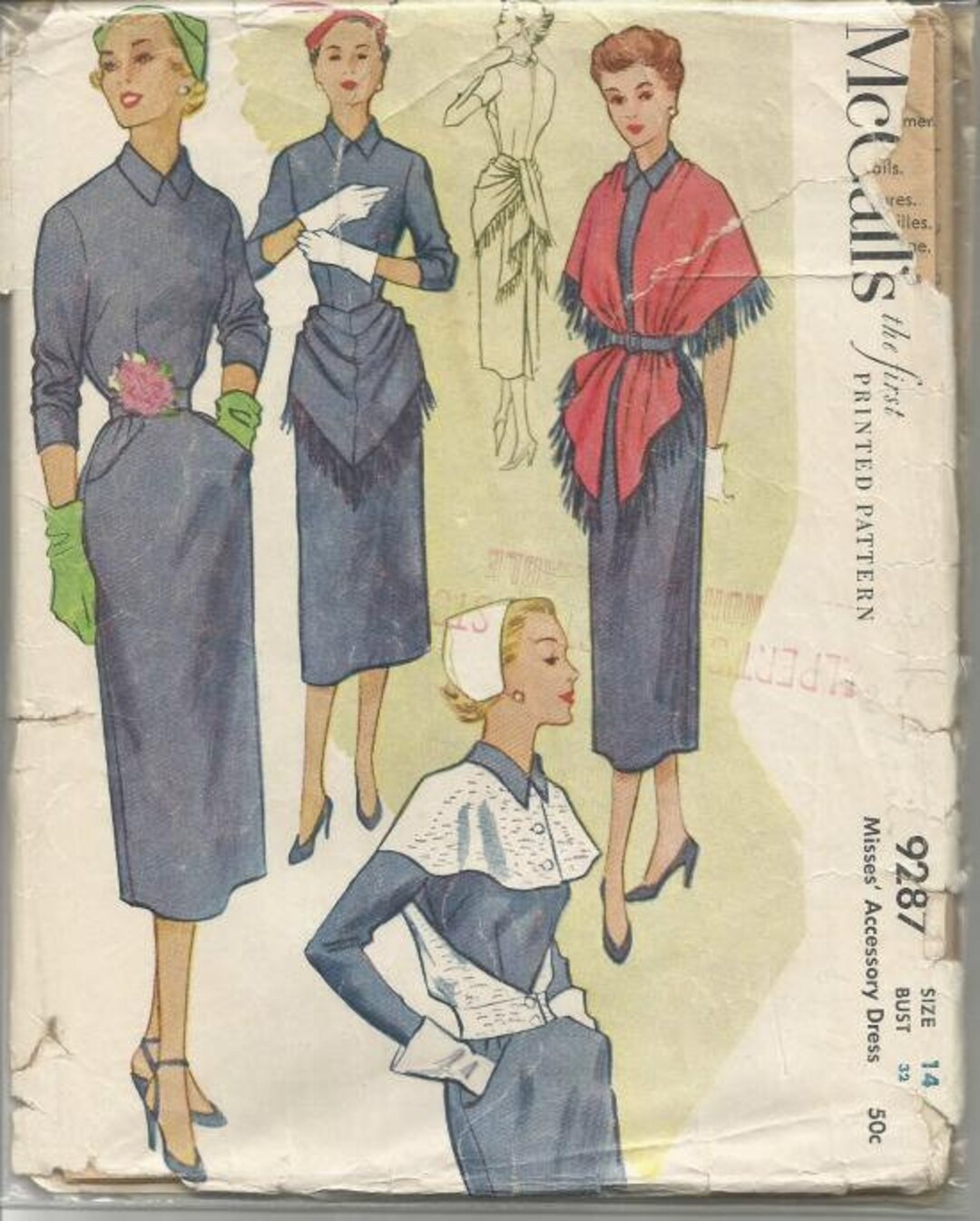 1950's McCall's Fitted Sheath Dress with large Collar - Bust 30