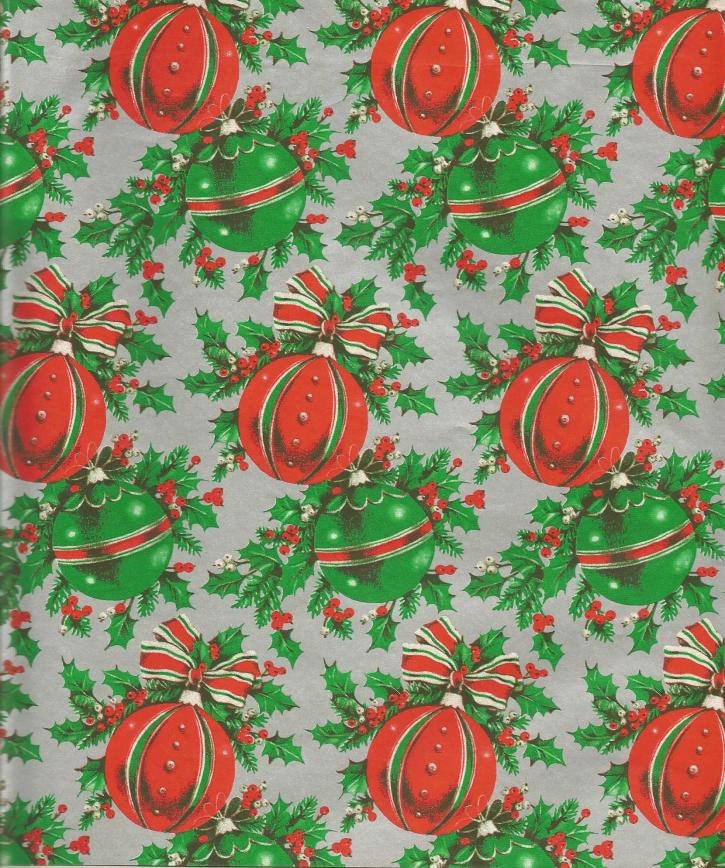 VTG MERRY CHRISTMAS WRAPPING PAPER GIFT WRAP HOLLY RED GREEN 1960