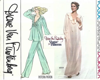 1970s Women's Lingerie Nightgown or Pajamas Long Sleeves V Neck Vogue 1777 Bust 36 UNCUT FF w/ Rare DVF Label Women's Vintage Sewing Pattern