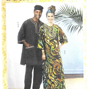 May include: A sewing pattern for a long, flowing dress and a tunic with pants. The dress has a colorful, abstract print and the tunic is black. The pattern is from Butterick and the pattern number is B6748. The size is XM (S-M-L).