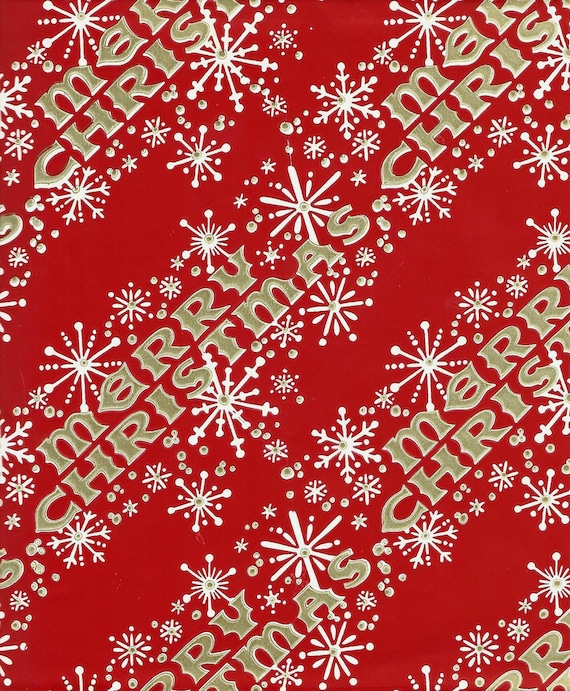 Vintage Christmas Wrapping Paper Gold Merry Christmas on Red with  Snowflakes One Flat Sheet 1950s-early 1960s Vintage Christmas Gift Wrap