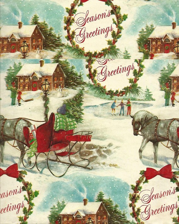 Vintage Christmas gift wrapping paper along with vintage Christmas cards..