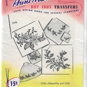 Aunt Martha&#39;s 3346 1960s Hot Iron Transfer Christmas Designs Poinsettia Holly Bells Candle Vintage Embroidery Transfer