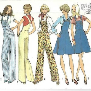 May include: A sewing pattern for four different styles of overalls. The pattern includes a striped, a solid, a floral, and a denim style. The pattern is for sizes 5 and 7, bust 30 and 31, junior.