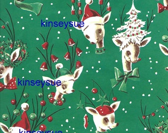 Rare Vintage Christmas Wrapping Paper DEER IN HATS ca. 1950s One Flat Sheet Gift Wrap