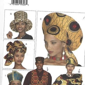 May include: Butterick pattern 3470 featuring various headwear designs. The image showcases several styles, including a wide-brimmed hat, head wraps, and a vest. The patterns incorporate bold geometric and floral prints in shades of gold, brown, and blue.