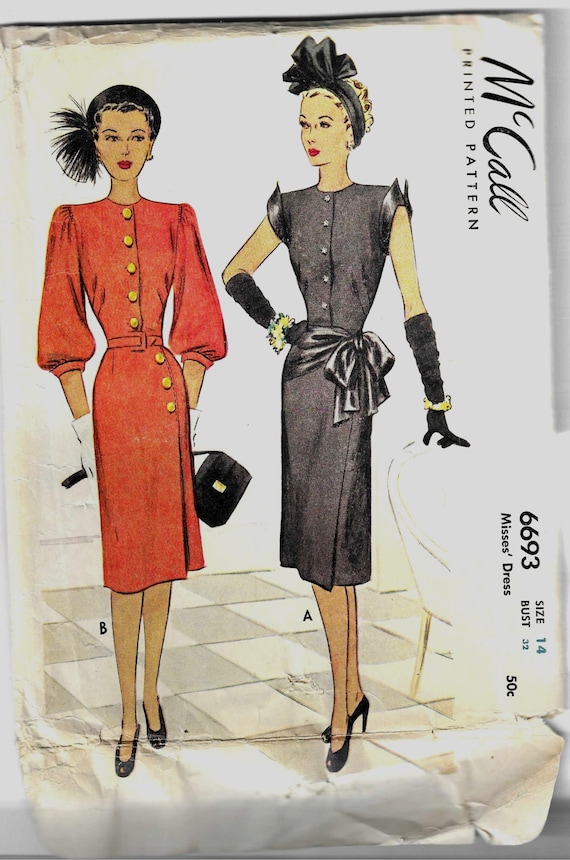 vintage cut dresses McCall 6693 1940s Dramatic Dress Cut Complete Bust 32 Women's Vintage  Sewing Pattern